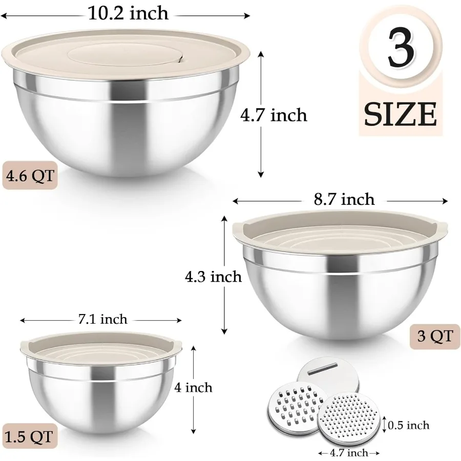 Stainless Steel Nesting Mixing Bowls Set with Lids and 3 Grater Attachments for Kitchen Use: Ideal for Mixing Serving and Stori