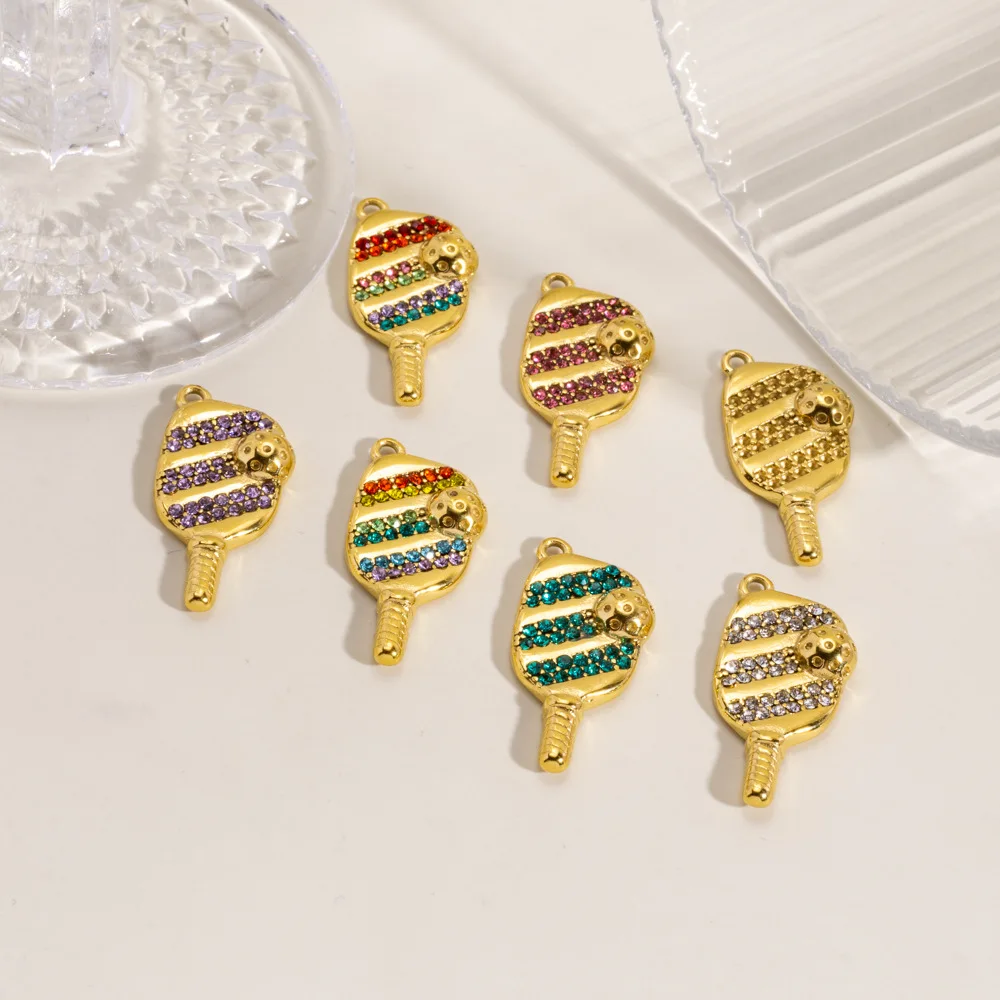 Waterproof Pickleball Paddle Charms PVD Gold Plated Stainless Steel Colorful Pave Sports Pendants for DIY Jewelry Making