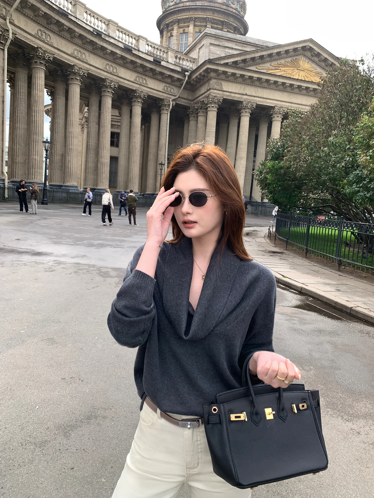 Pusumede Long Sleeve Knitted Sweater Women's Loose Fit Overhead Lazy Neck Design Autumn Elegant Style Blend of Acrylic Lyocel...