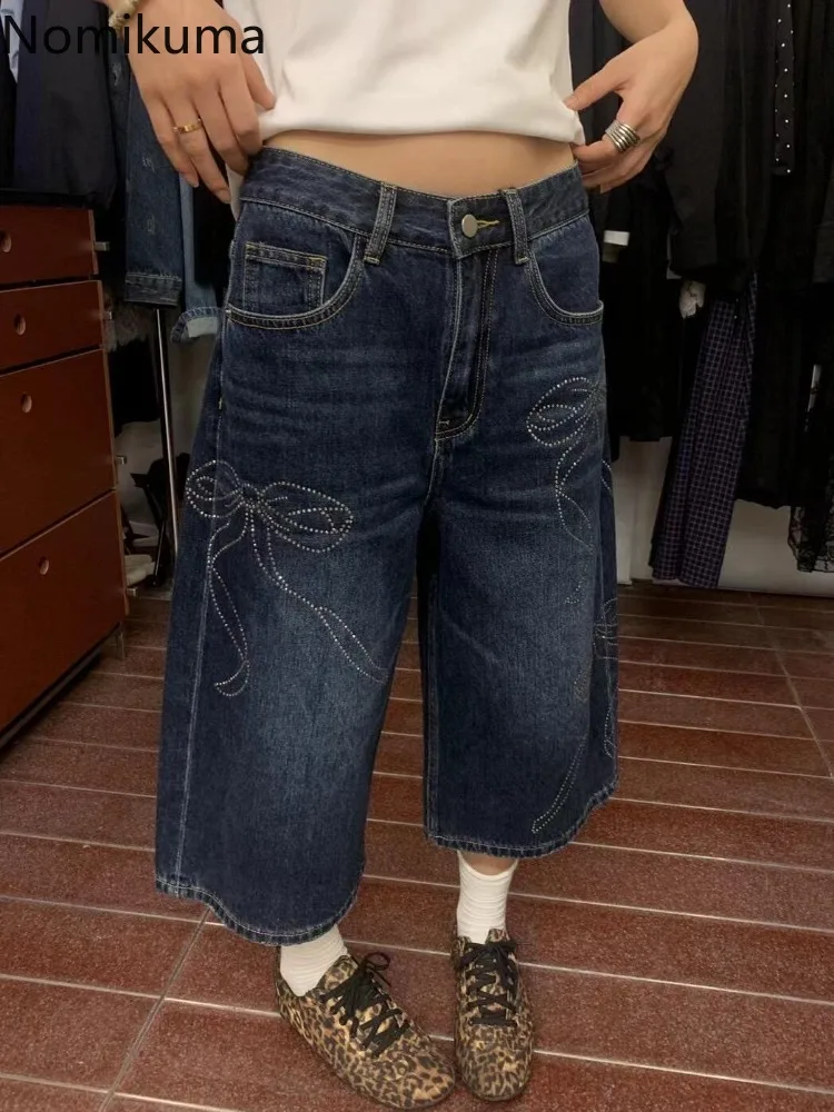 

Streetwear Korean Vintage Denim Shorts High Waist Straight Wide Leg Pants Butterfly Causal Chic Summer Shorts 2025 New Bottoms