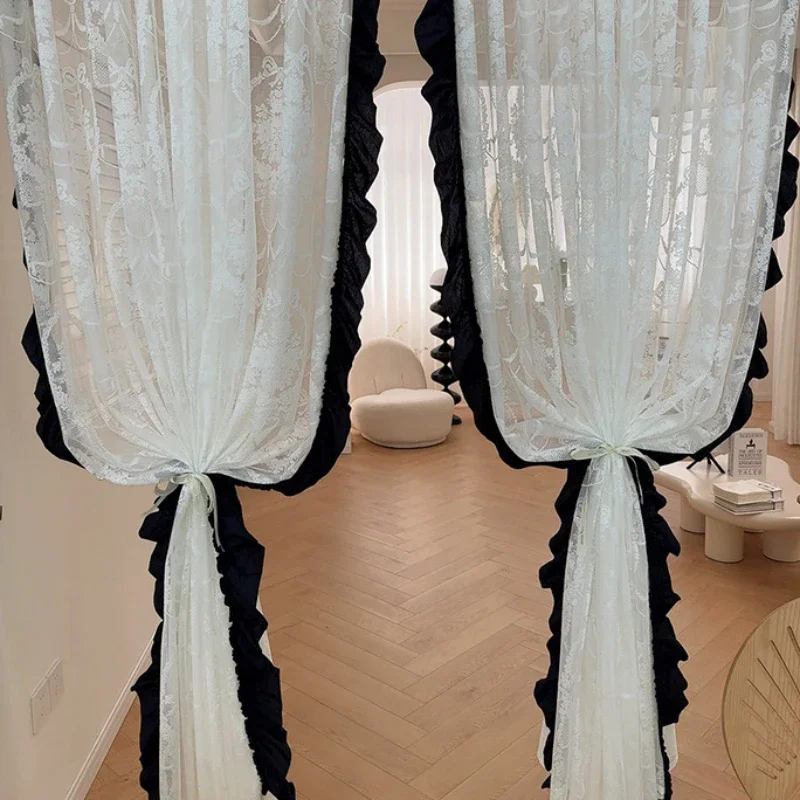 French Retro Bow Lace Screen Retro Window Curtains for Living Room Bedroom Dining Balcony Fresh Gauze Curtain Custom Size Decor