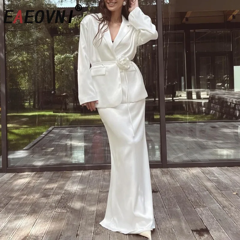 

EAEOVNI Elegant Women Two Piece Set White 3D Floral Lace-up Blazer Coat + High Waist Long Skirt Fashion 2025 New Clothing