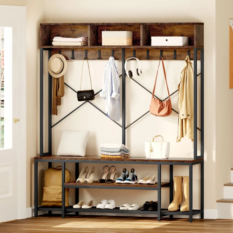 

Entryway Coat Rack with Bench and Shoe Storage, 5-in-1 Coat Tree with 16 Hooks, Rustic Brown