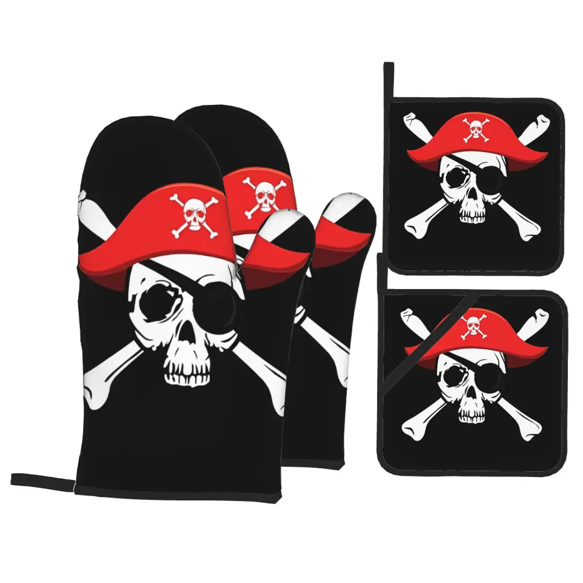 

Pirate Skull And Crossbones Insulation Four-Piece Set Gloves and Pad Anti Slip Anti Scald Oven Gloves Kitchen Baking Tools