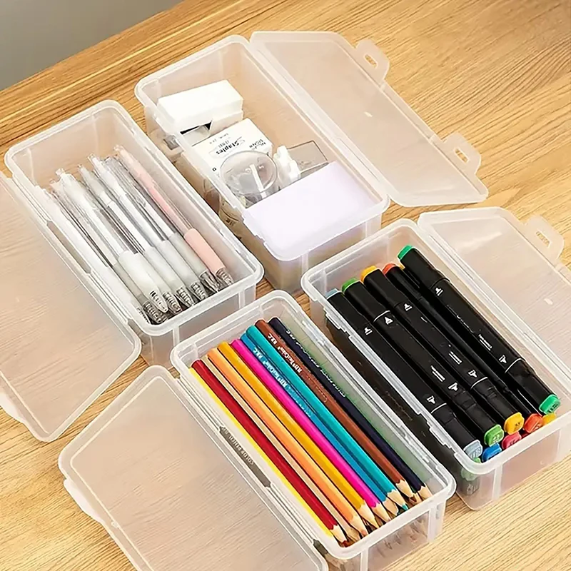 With Buckled Pencil Box Large Capacity Transparent Waterproof Stationery Case Dustproof Plastic Desktop Storage Box Mark Pens