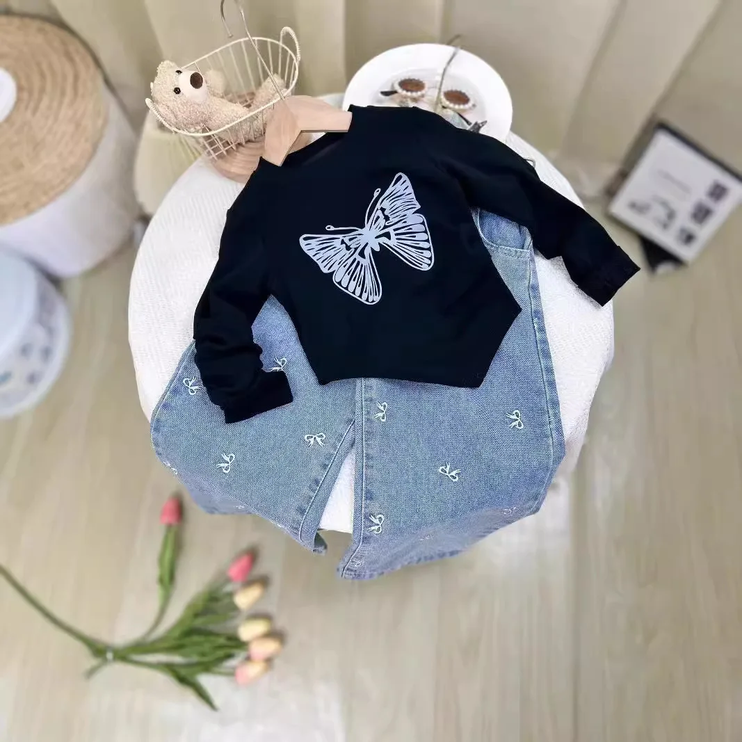 

Осень 2022, новый стиль, модный топ с принтом бабочки для девочек и комплект ковбойских брюк с вышивкой