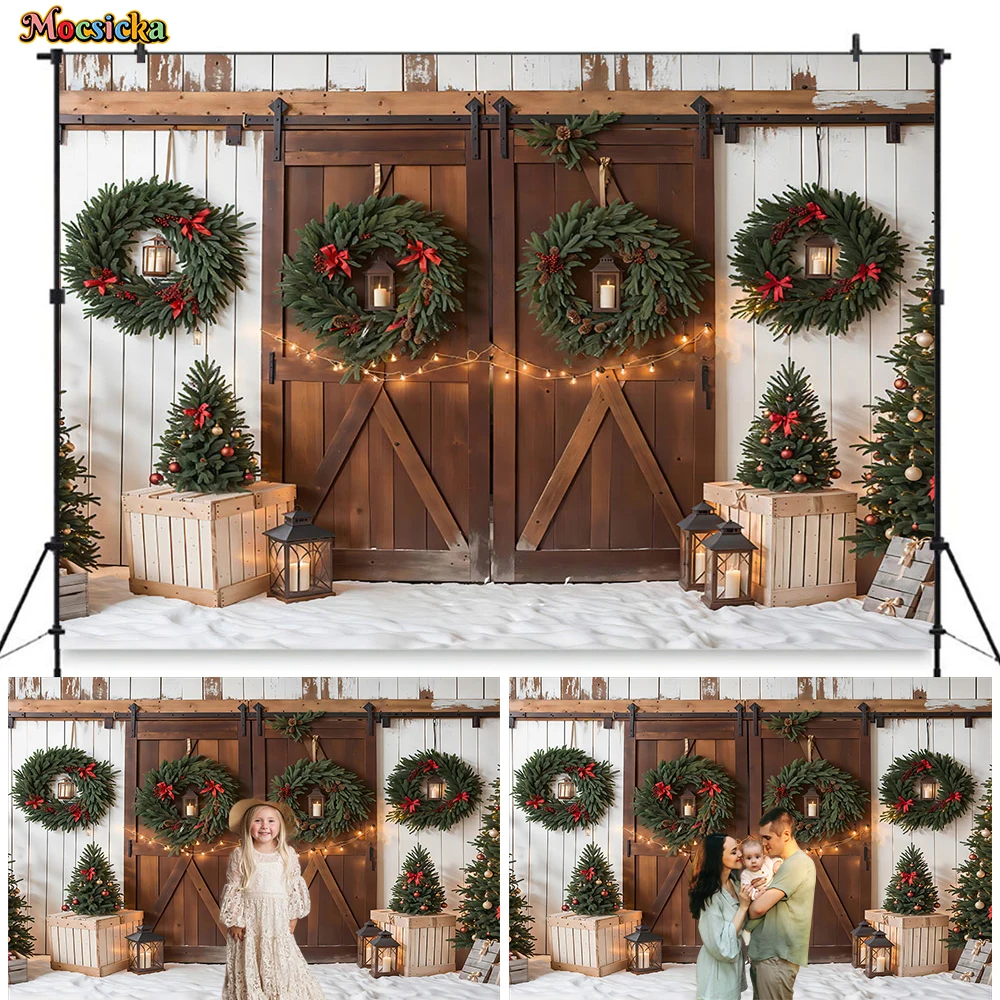 Wooden Barn Door Background Christmas Photography Green Xmas Tree Wreath Backdrop Kids Family Photo Studio Snowy Outdoor Decor