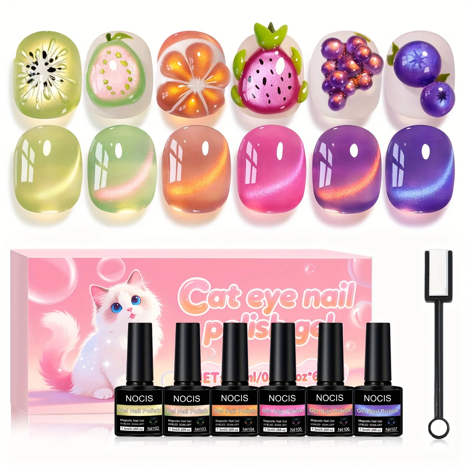 

Набор из 6 гель-лаков для ногтей с эффектом кошачьего глаза в одном и том же оттенке, каждый объемом 0,26 унции, с мерцающими блестками и голографическим эффектом.