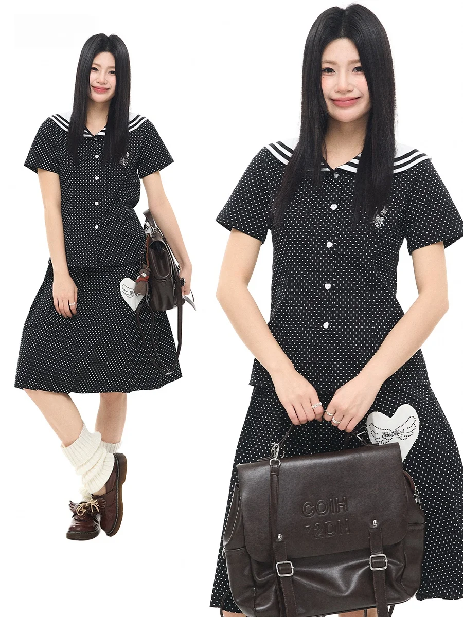 

Sanowers Summer Navy Collar Polka Dot Print Short Sleeve Shirt Women's Half Skirt Set Casual Style Breathable Lightweight