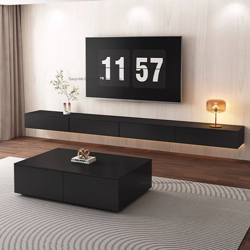 Mueble de TV Flotante Nórdico Negro, Mueble de TV Suspendido de Losa de Roca, Moderno y Sencillo para Sala de Estar, Mueble para el Hogar, Mesa de Cristal para TV FYFS