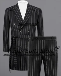 Tailor Made Long Black Stripe Wedding Suits For Men Classic Double Breasted Groom Tuxedos 2 Pieces Sets Business Male Blazers