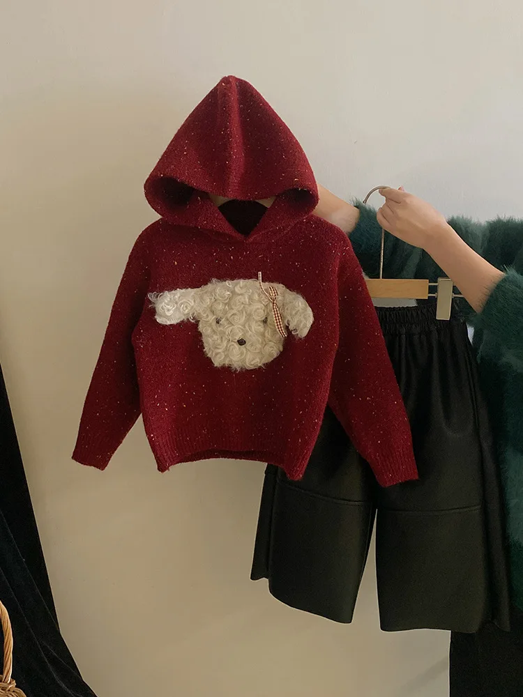 

Girls' Autumn Winter Set New Cartoon Puppy Color Dot Hooded Sweater Fashionable Fleece Warm Leather Pants
