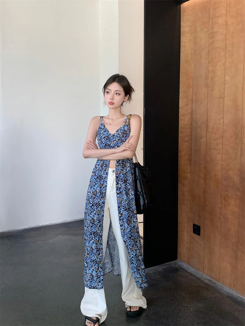 

Boho Floral Printed V-neck Strap Dress Women Summer Holiday Split Long Hugging Skirt Retro Long Resort Seaside Beach Dress