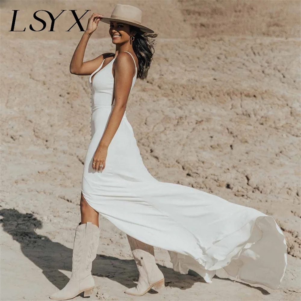 LSYX-vestido de novia blanco de crepé sin mangas, V profundo con escote en traje de novia, corte alto, Espalda descubierta, 2023