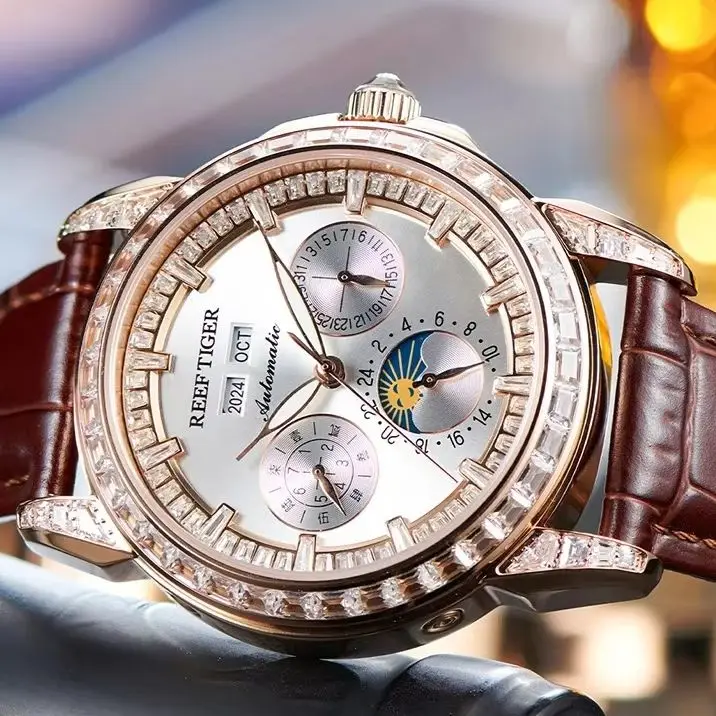 Reef Tiger Men Automatic Watch 42.7mm Mechanical Wristwatch 50M Waterproof Luminous Sapphire Mirror Multi-Dial Month Week