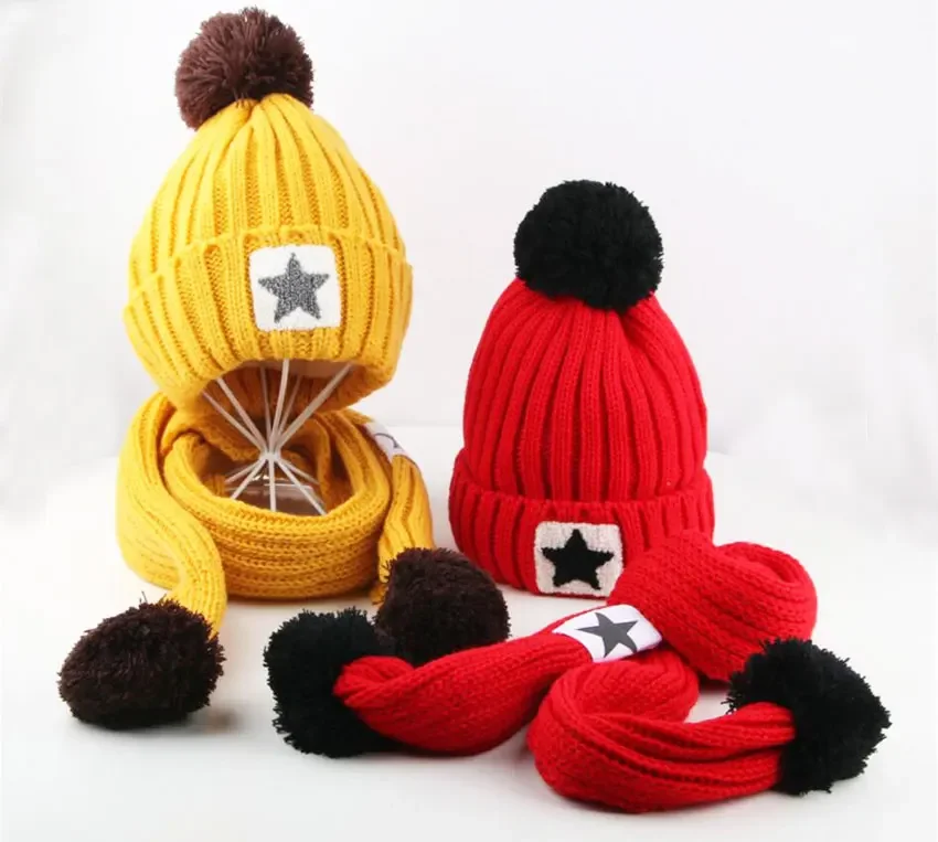 Winter Hat And Scarf Set For Children Girls Kids Cap Scarves Boys Star Design Knitted Pom Pom Beanie Velvet Cap Warm 2 Pcs Suit