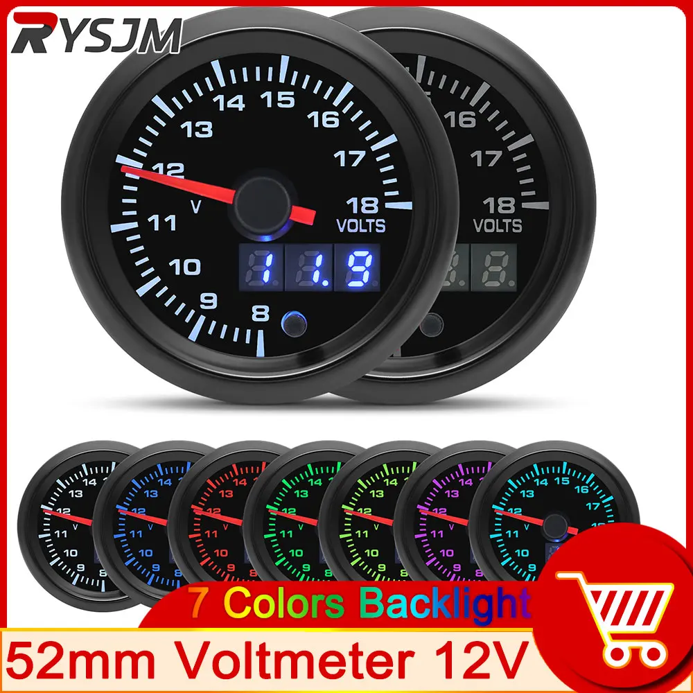 8-18 Volts 12V Voltmeter 7 Colors Battery Indicator 52mm Voltmeter In The Car Volt Meter Gauge for 12V Car Voltage Gauges Pods