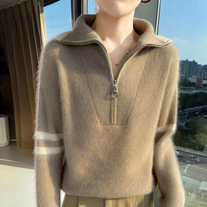 

Half-zipper Jacquard Sweater With Wool Autumn and Winter Women's Solid-color Knitwear Pullover Bottom Top Casual