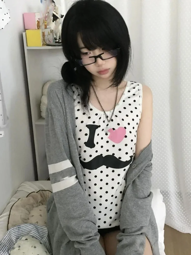 لطيف البولكا نقطة طباعة أكمام تانك القمم المرأة خمر Y2k الجمالية سليم صالح ملابس خارجية سترة حلوة شيك كاميس Harajuku