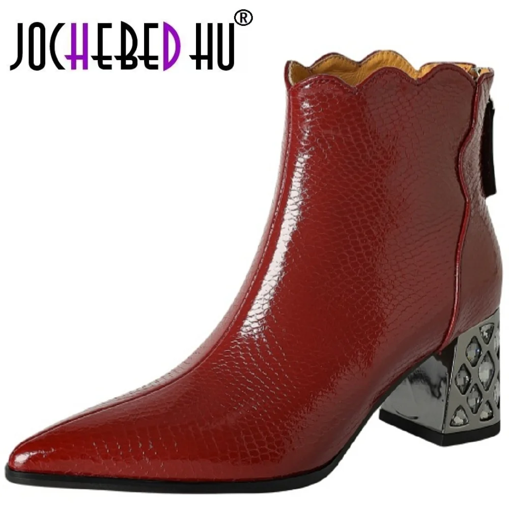 

【JOCHEBED HU】Handmade Genuine Leather high heel Ankle boots for women new Elegant pointed toe Autumn winter short boots 34-40