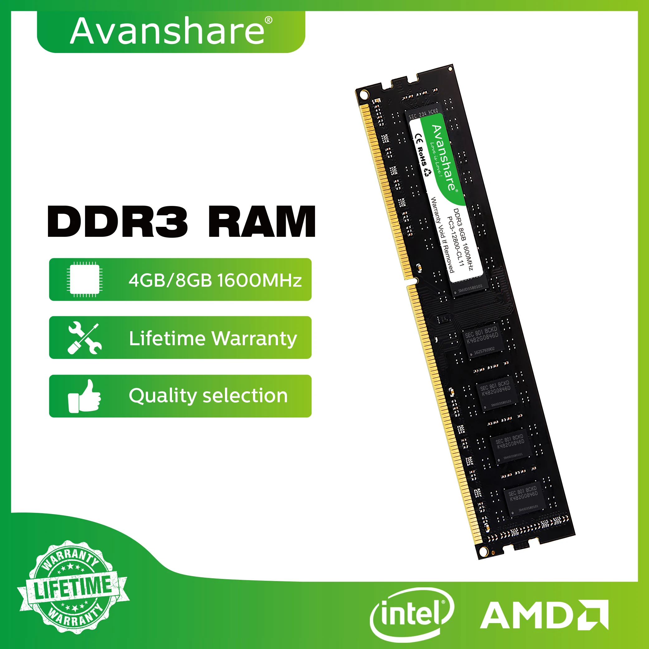 Avanshare 모든 마더보드용 램 메모리, DDR4 DDR3, 16GB, 8GB, 4GB, 2GB, 1333 1600 2400, 2666 3200MHz 데스크탑 메모리, 인텔 AMD 램