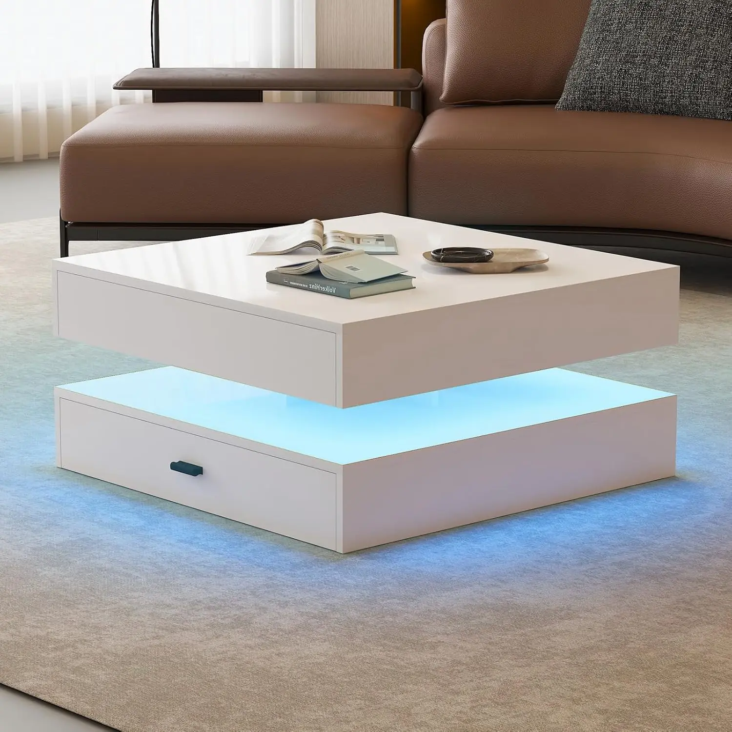 LED Coffee Table for Living Room - 2-Tier Modern High Gloss Square Table with Storage Drawers, 24-Color Adjustable Lights, Conte