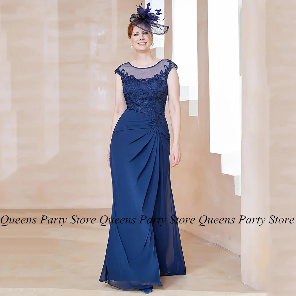 

Blue Mother of The Bride Dress Plus Size Cap Sleeve Scoop Neck Applique Pleat Chiffon Mermaid Wedding Guest Dresses Party Gown