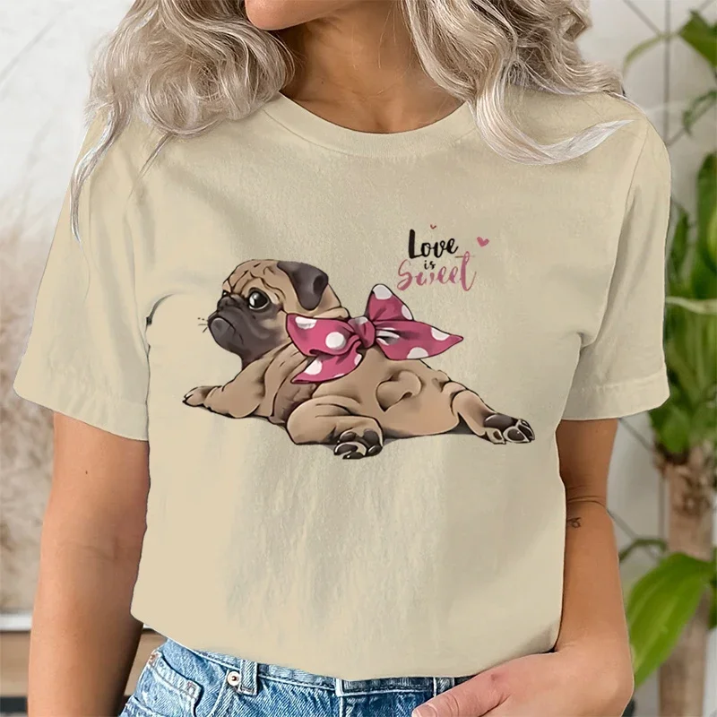 Woman Funny T Shirts Pug Lovers Gifts Fashion Woman Blouse Round Neck Dog Lover T-Shirt Cute Pugs Summer Short Sleeve T-shirts