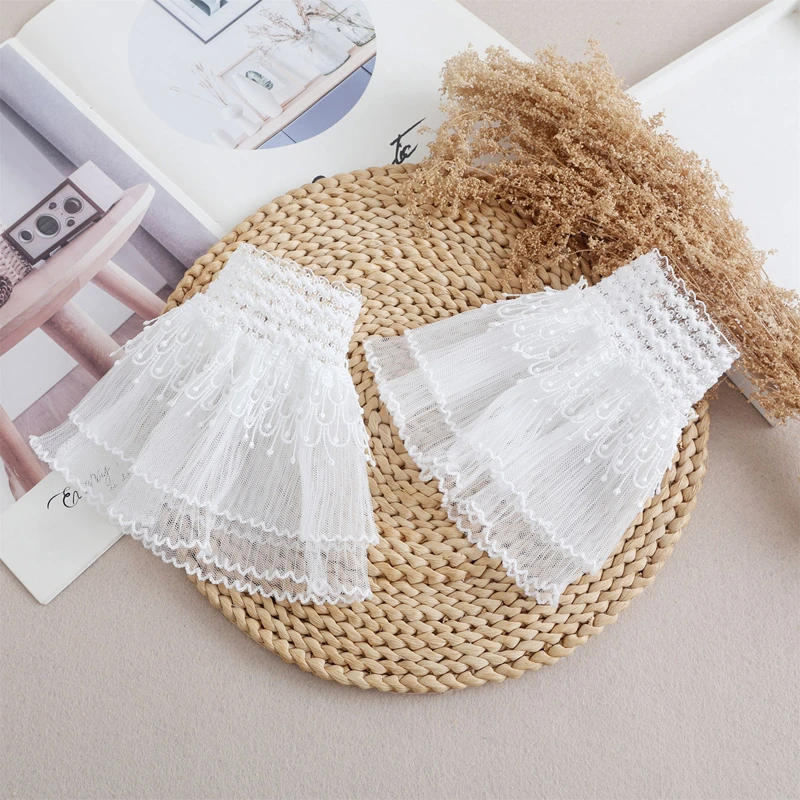 Tull blanco elástico corto falso mangas acampanadas doble capa volante encaje puños desmontables suéter accesorios decorativos