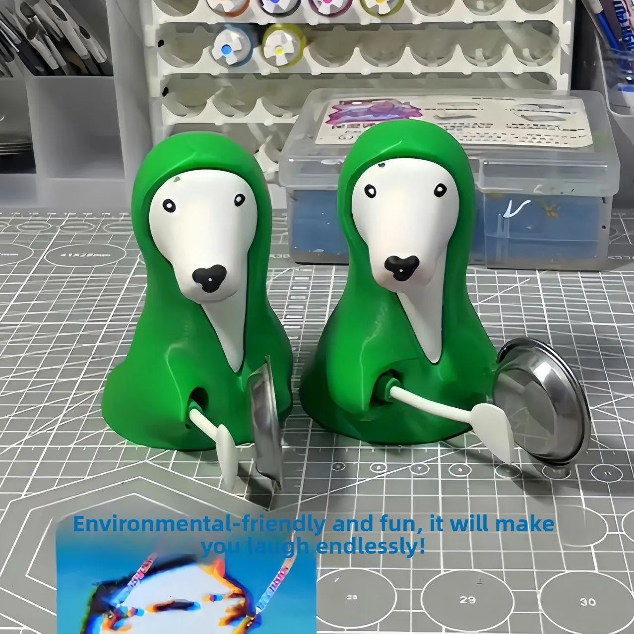 

Create Some Excitement with A Quirky and Playful Dog-themed Design Featuring A Green Dog Bell-ringing Pot-rapping Figurine And