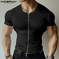 INCERUN Tops 2025 estilo americano moda nueva camiseta con diseño de cremallera de textura sólida para hombre Casual Simple Camiseta de manga corta para hombre
