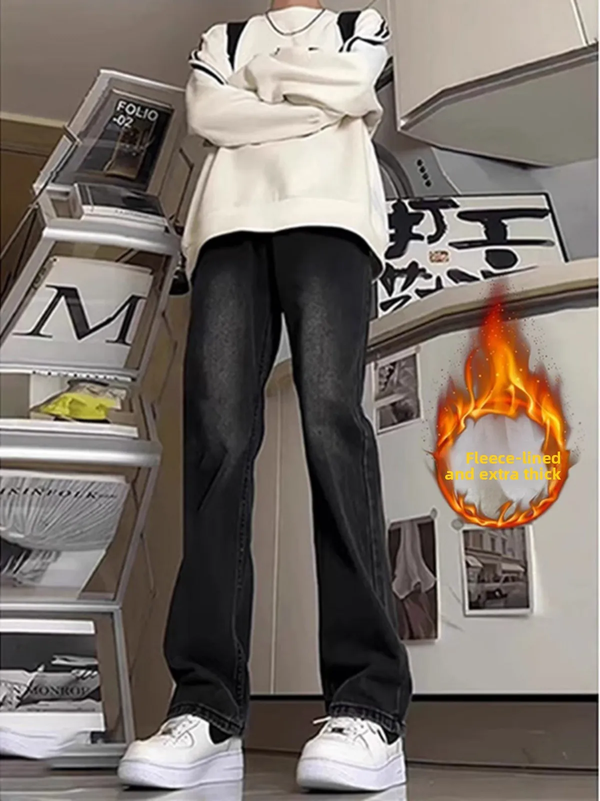 

American High Street Vibe Men's Fce Lined Straight Leg Jeans High Waist Slim Fit Bootcut Pants Youthful Trendy Wear Resistant