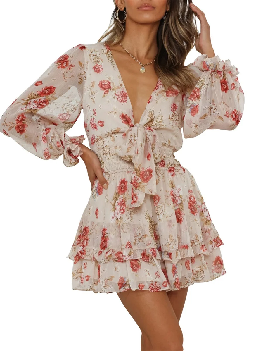 Women Spring Casual Mini Dress Floral Print Deep V-Neck Tie-Up Long Sleeve Sweet Dress Fashion Ruffles Dress