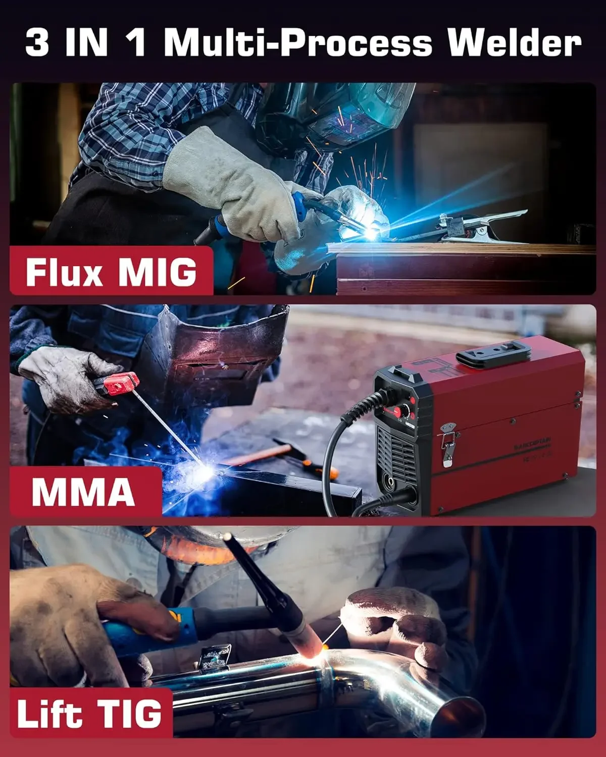 130A MIG Welder, 110V Flux Core MIG Welder/Lift TIG/Stick 3 in 1 Welding Machine with Synergy, IGBT Inverter Portable Gasless