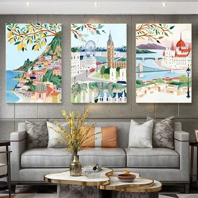 Venice Mexico Portugal Northern Europe Cartoon Tourist City Scenery Poster Canvas Paintings Wall Art Pictures Office Home Decor