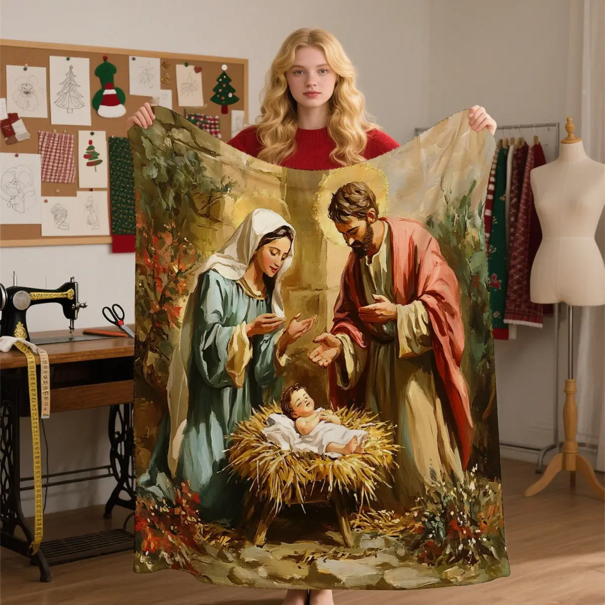 

1pc Holy Family Nativity Scene Flannel Throw Blanket - Traditional Religious Bedspread with Baby Jesus in Manger, Soft Cozy