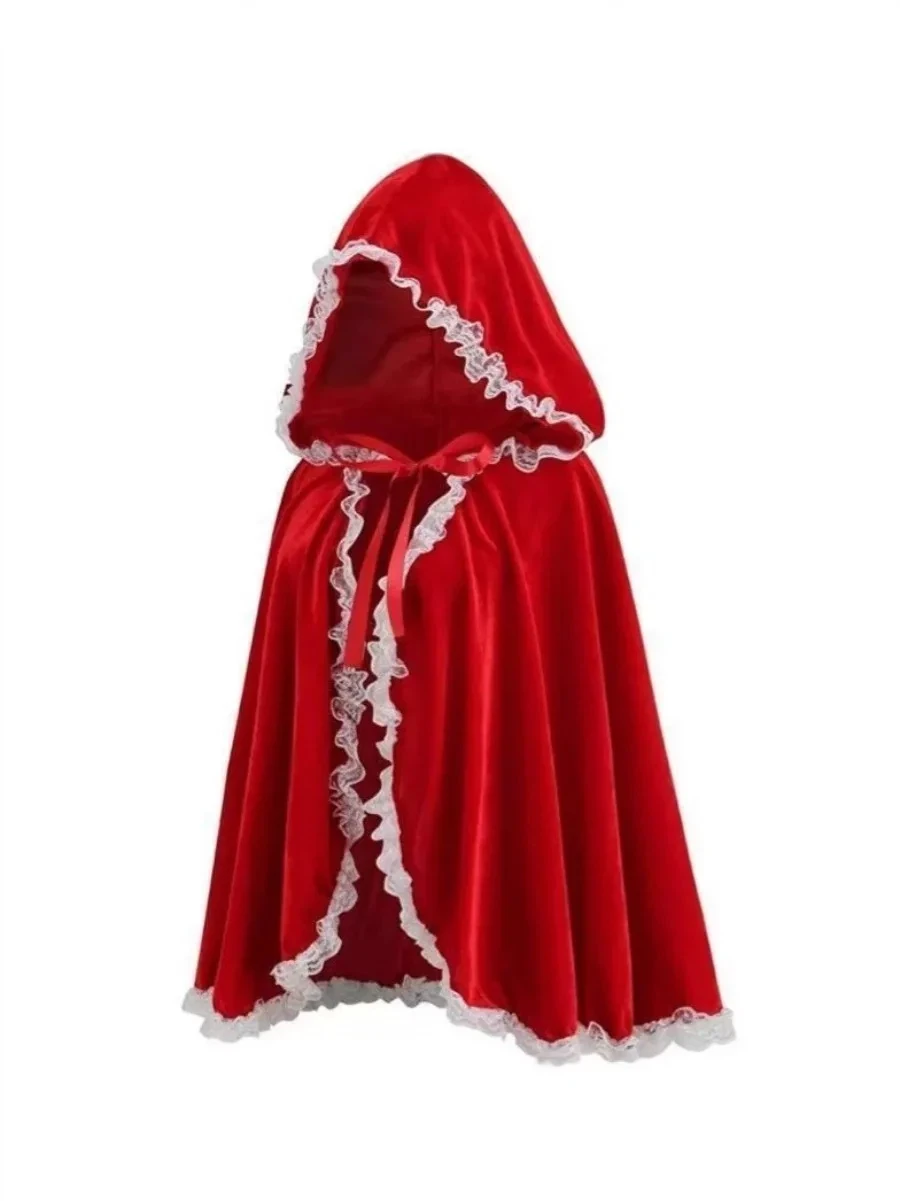 

Ruffled Lace Red Hooded Cape Little Red Riding Hood Cloak Costume Role Play Bride Cape Christmas Party Stage Performance Costume