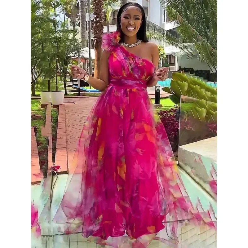 فساتين الحفلات الأفريقية للنساء Dashiki أنقرة الخامس الرقبة كتف واحد مطبوعة بلا أكمام ثوب مسائي الزفاف فستان أنيق