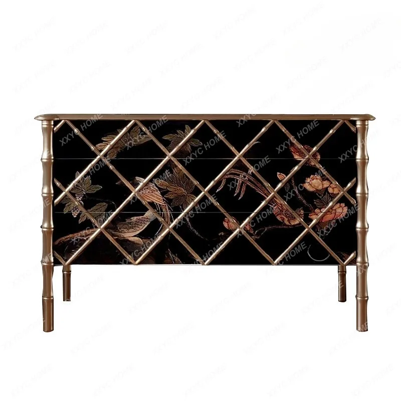 Vintage Bamboo Knot Chest New Classical Solid Wood Cabinet Painted Storage Cabinet Large Capacity Entryway Cabinet Villa Custom