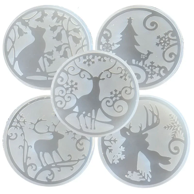 Resin Coaster Molds Silicone, Hollow Coaster Epoxy Molds with Butterfly, Deer, Tree, Candy, Cat Shapes, DIY Round Coaster Molds