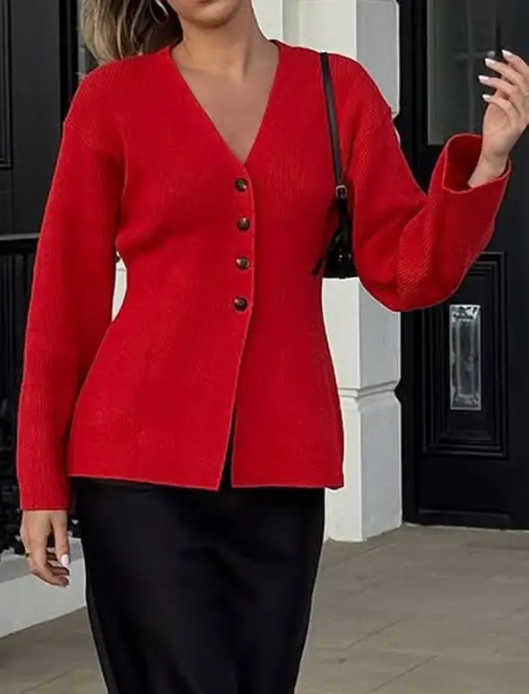 

Осенний однотонный однобортный свитер с v-образным вырезом, облегающий талию, с длинными рукавами, женский темпераментный повседневный свитер