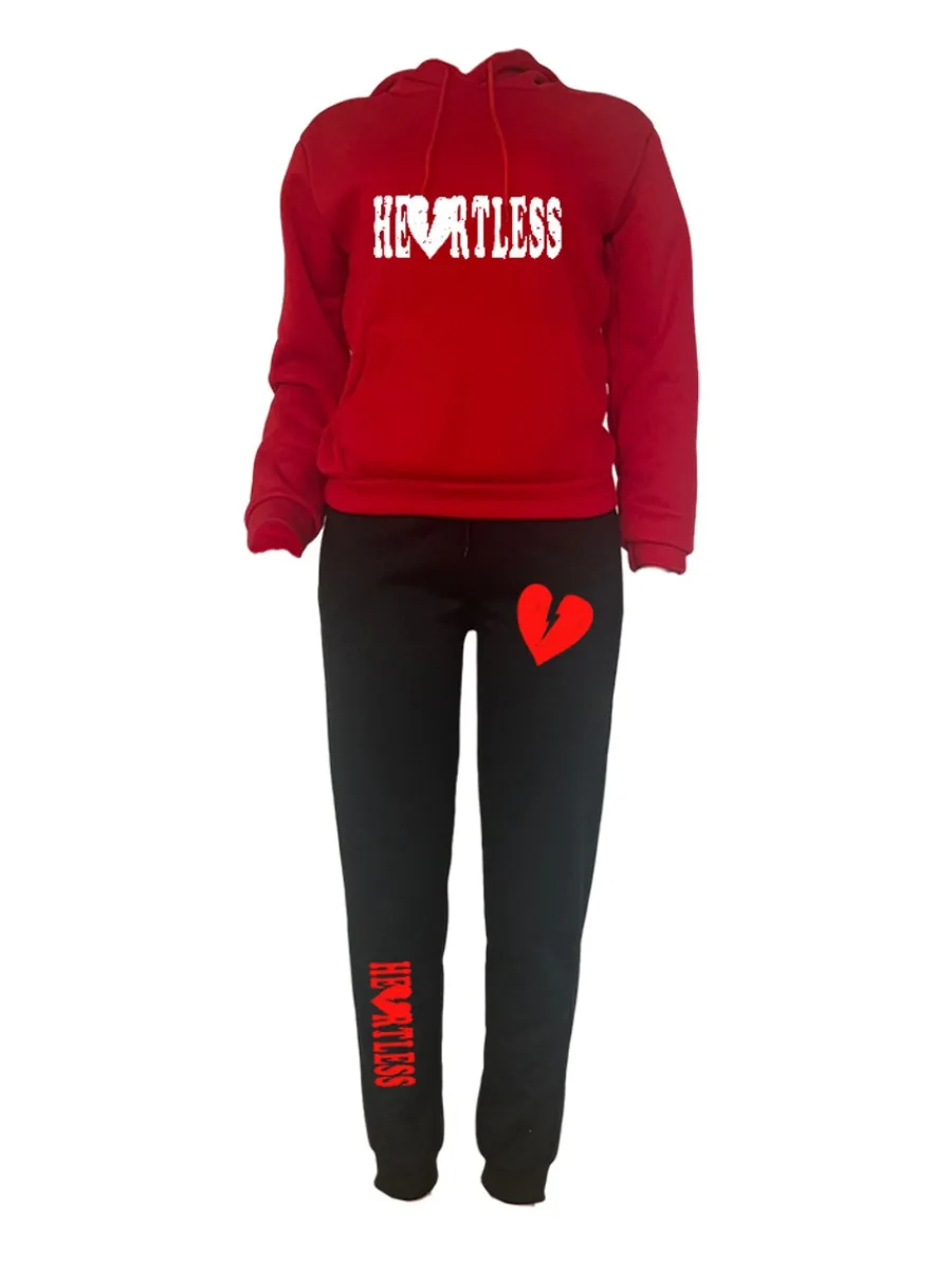 LW Cartoon Letter Heart Print Kangaroo Pocket Tracksuit Set Long Sleeve Hoodie+Sporty Sweatpants Women 2 Pieces Matching Suits