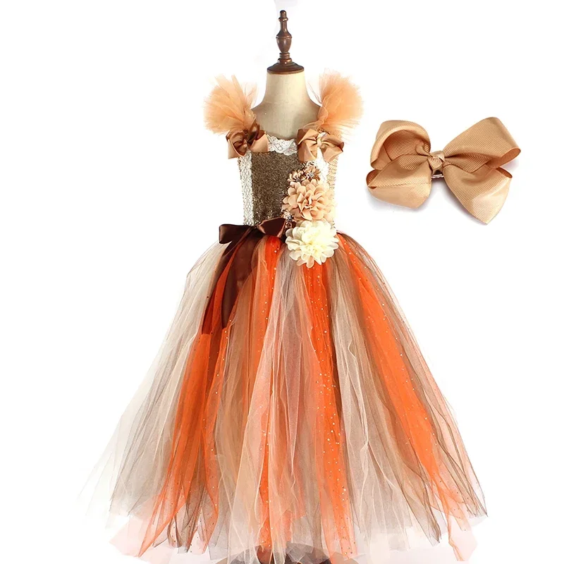 Kids  Autumn Flower Fairy Tutu Dress for Baby Girls Glitter Sparkle Tulle Pageant Ball Gown Halloween Party Turkey Day Costume