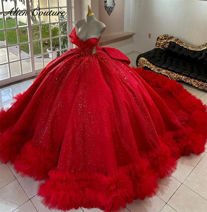 

Luxury Red Princess Ball Gown Quinceañera Dresses Beads Flowers Appliques Crystal Ruffles Birthday Party For 15th Girls Customiz