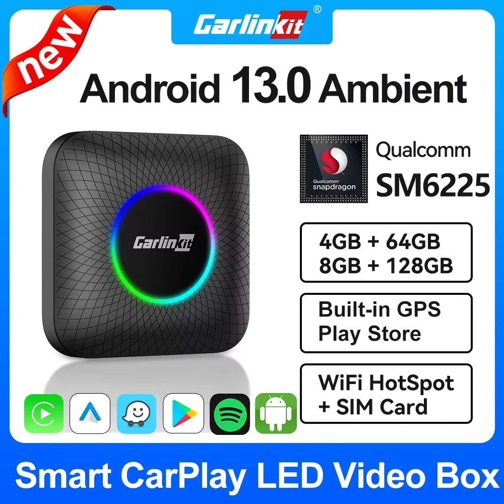 CarlinKit CarPlay Ai Box Android 13 TV Box Support Netflix IPTV GPS Wireless Android Auto & CarPlay 4G LTE Genuine Qualcomm Chip