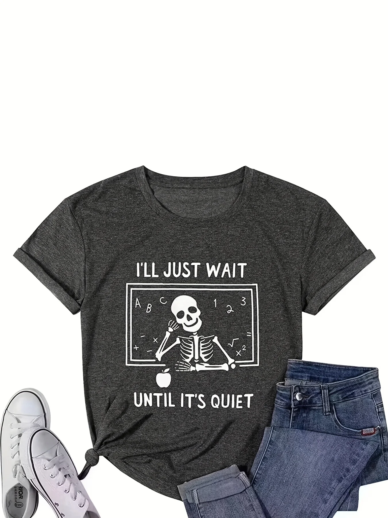 Women's Skeleton Slogan Print T-Shirt - Casual Short Sleeve Top for Spring & Summer