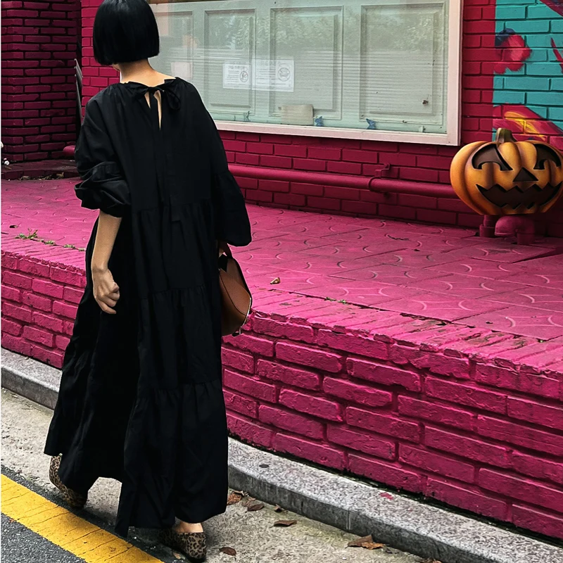 Johnature Black O-neck Loose Korean Dresses 2024 Spring New Casual Solid Color Full Sleeve Tie Women Dress