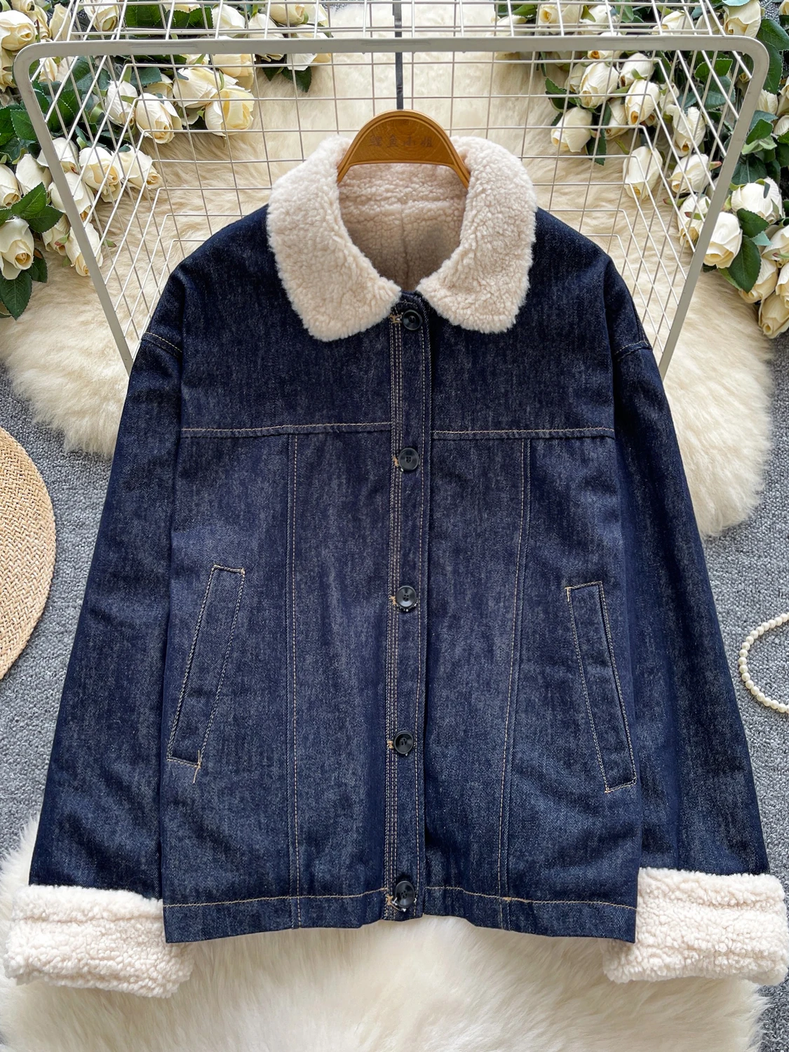 

Корейское джинсовое джинсовое пальто с воротником из ягненка, женское зимнее новое свободное универсальное хлопковое пальто Fem Faionable Chic