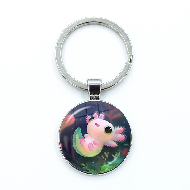 

2023 New Axolotl Cartoon Keychain Glass Cabochon KeyRing Bag Car Key Chain Ring Holder Charms Jewelry Gifts