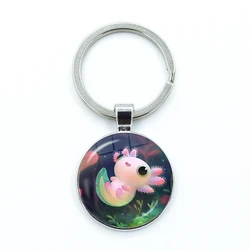 2023 New Axolotl Cartoon Keychain Glass Cabochon KeyRing Bag Car Key Chain Ring Holder Charms Jewelry Gifts